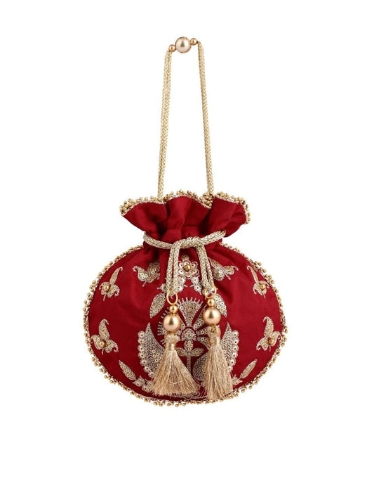 Masq Red & Gold-Toned Embellished Embroidered Potli Clutch - Grab2buy