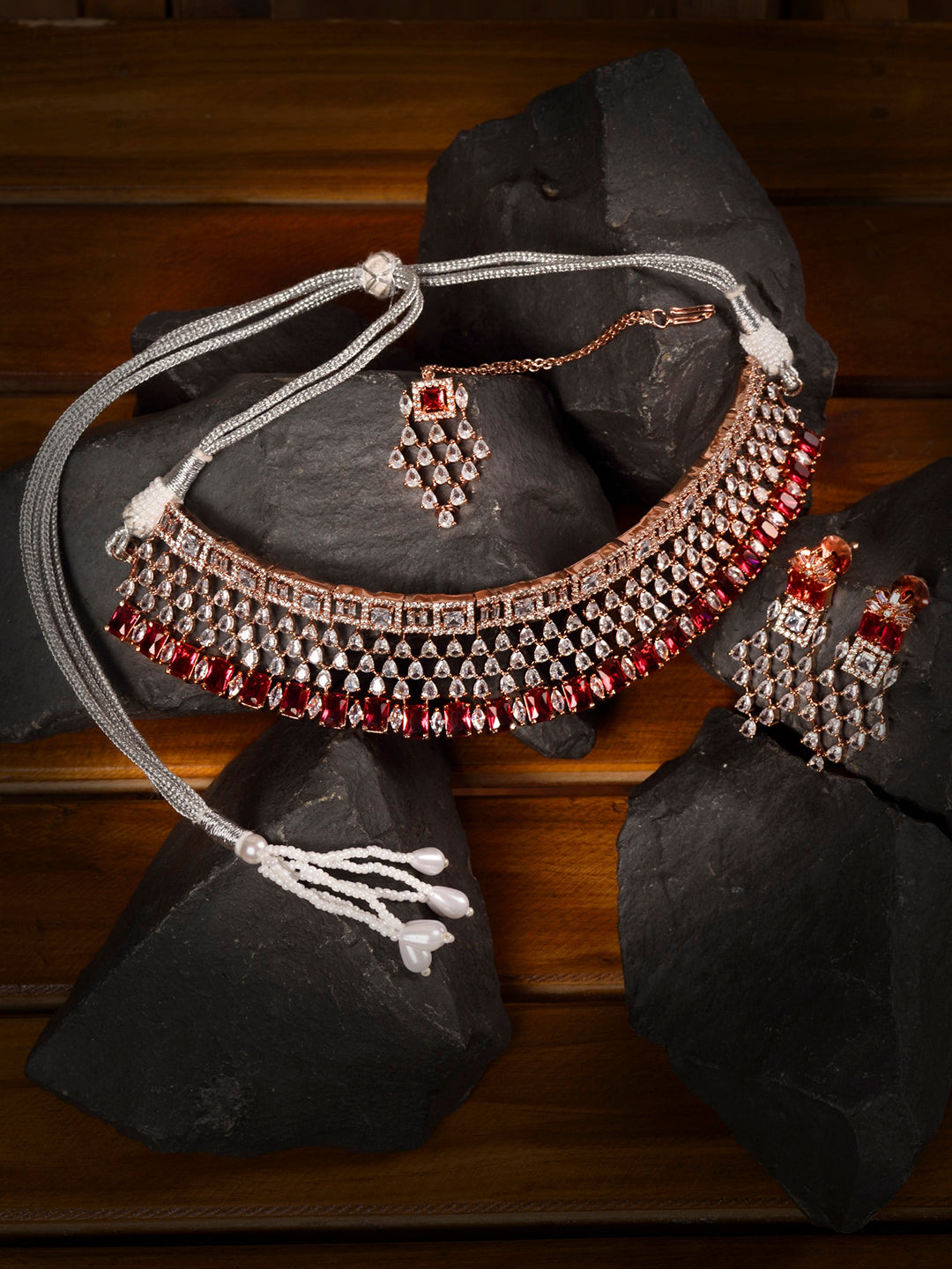 Saraf RS Jewellery Rose Gold-Plated & Red AD & CZ-Studded Contemporary Jewellery Set - Grab2buy