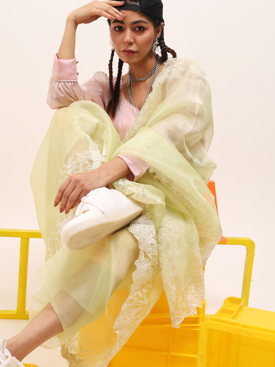 Tikhi Imli Green Floral Embroidered Organza Grab2Buy 