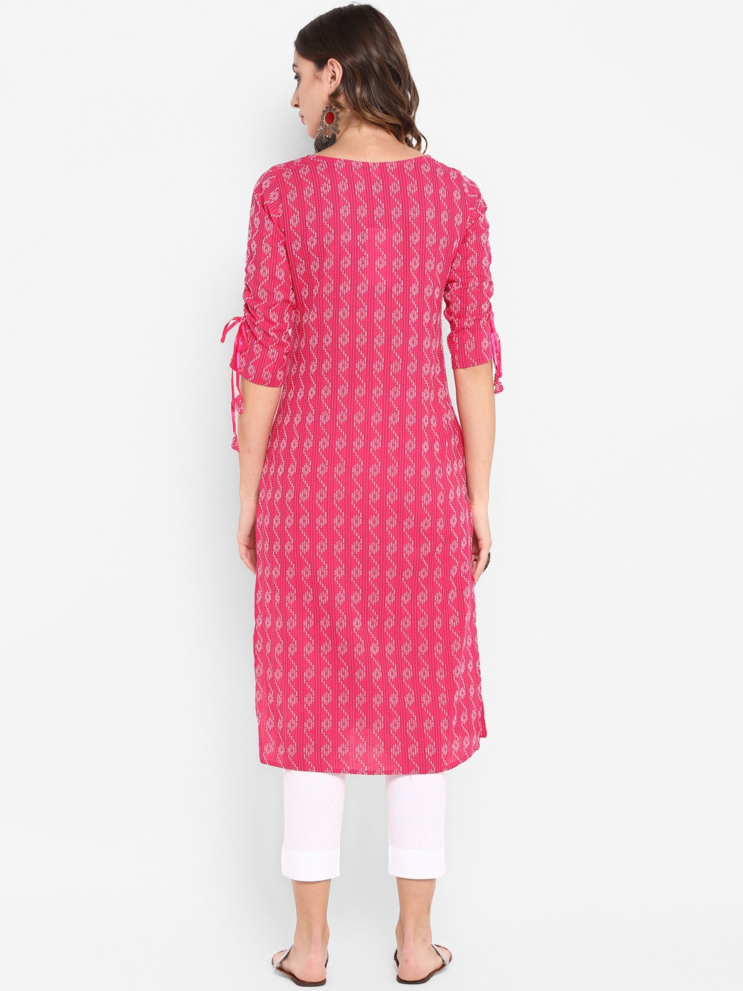 Janasya Women Pink & White Printed Straight Kurta