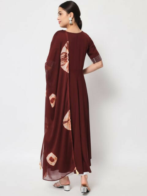 FIORRA Women's Maroon Poly Crepe Flared Kurta With Dupatta 