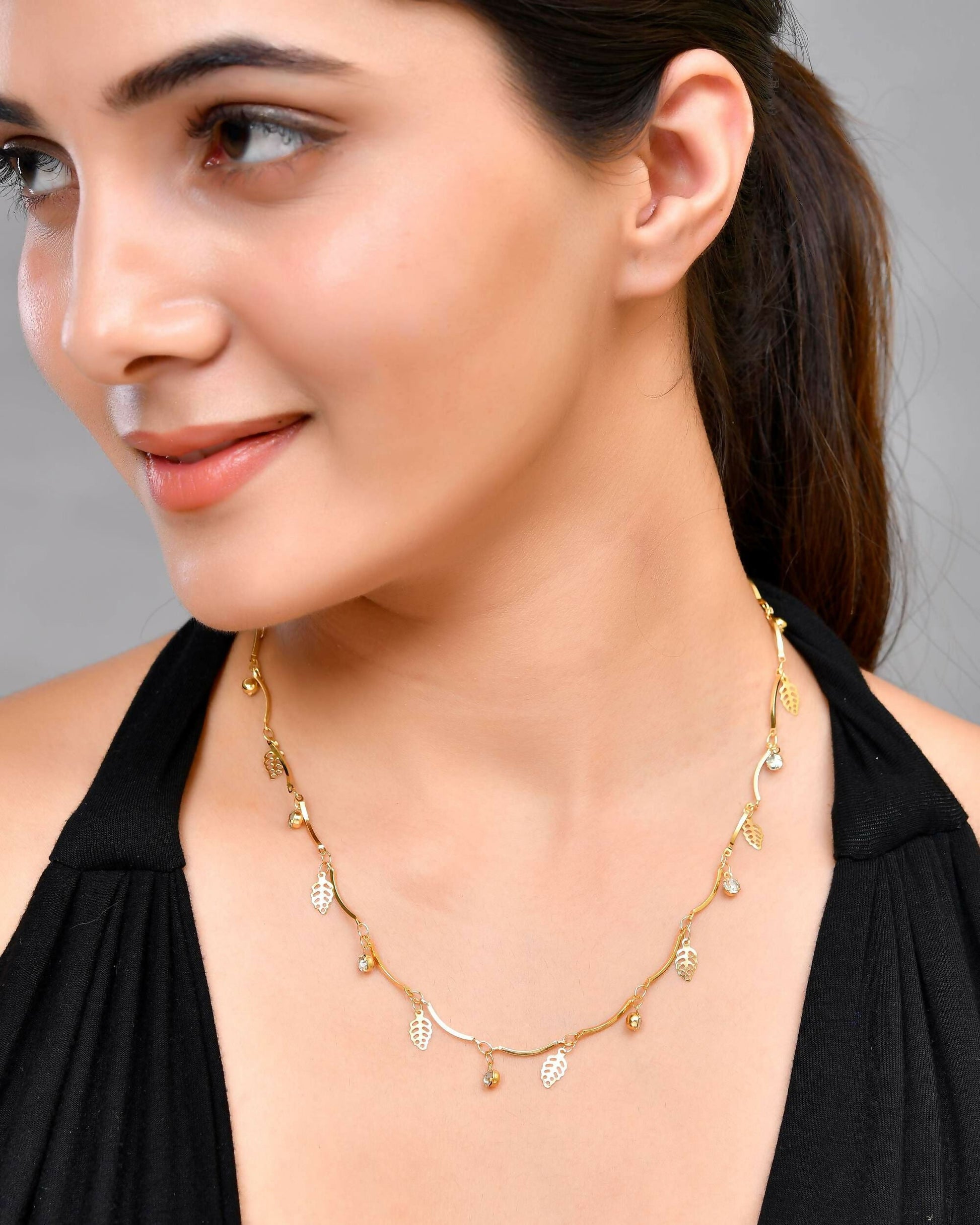VOJ Gold-Polished Designer Chain For Women With AD Stone And Leaf 
