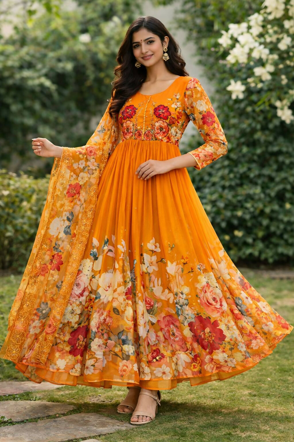 Teeya Creation Womens New Fancy Fox Georgette Heavy Quality Fabric With Handwork Orange Gown Set