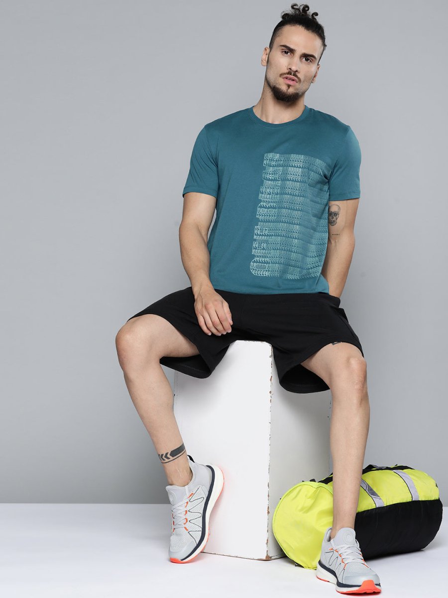 Alcis Men Teal Blue Typography Printed Slim Fit Gym T-shirt 