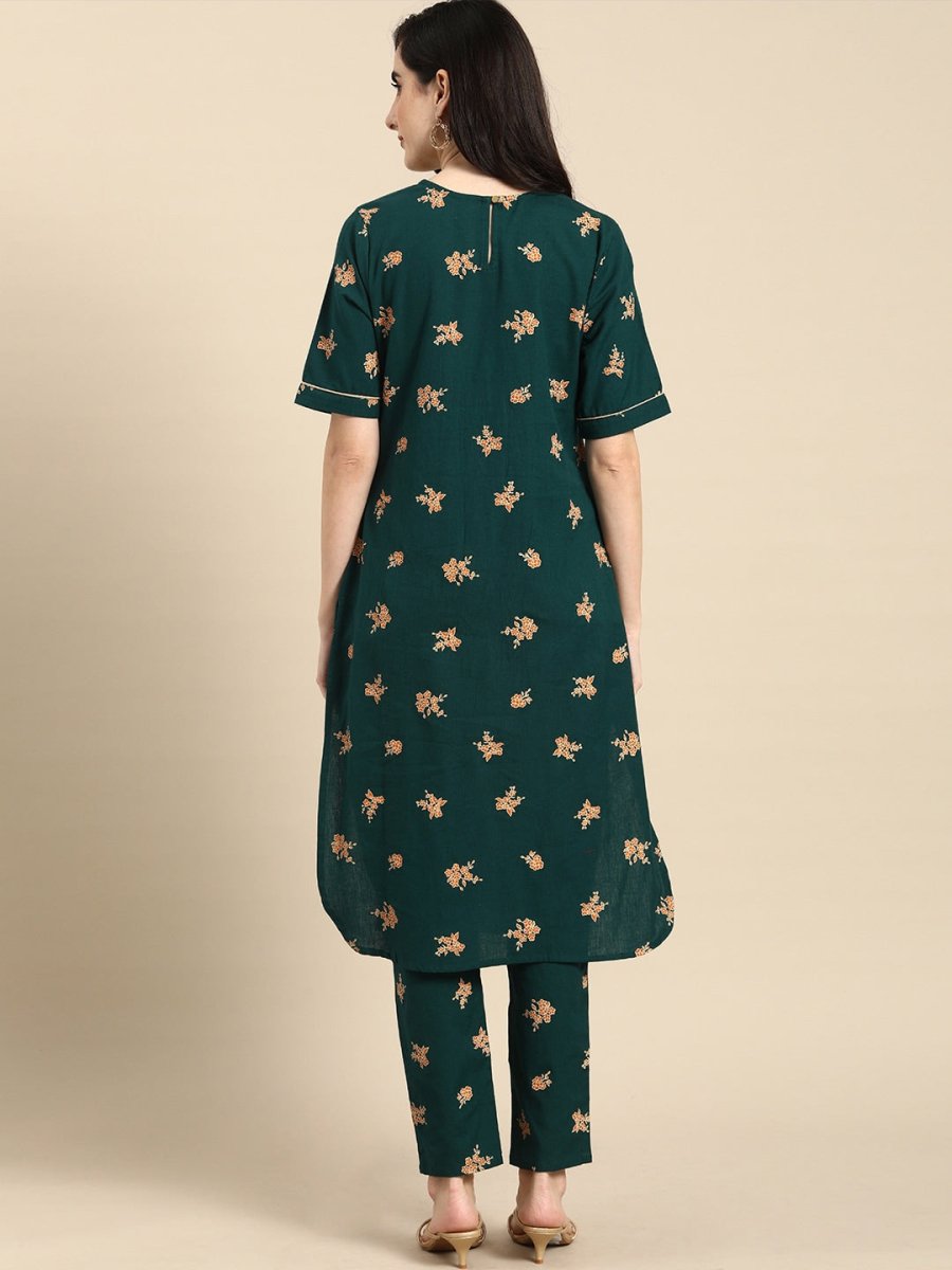 All About You Women Green & Brown Floral Printed Regular Pure Cotton Kurta with Trousers