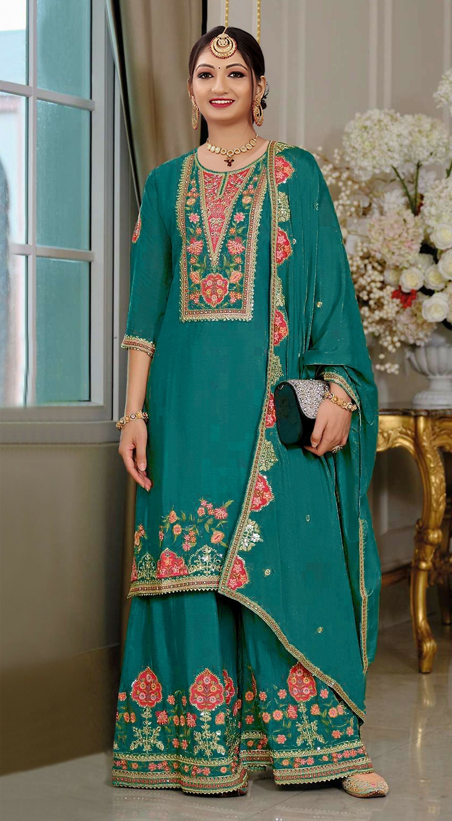 Anaita Teal Blue Chinon Stitched Suit with Embroidery Sequence Work