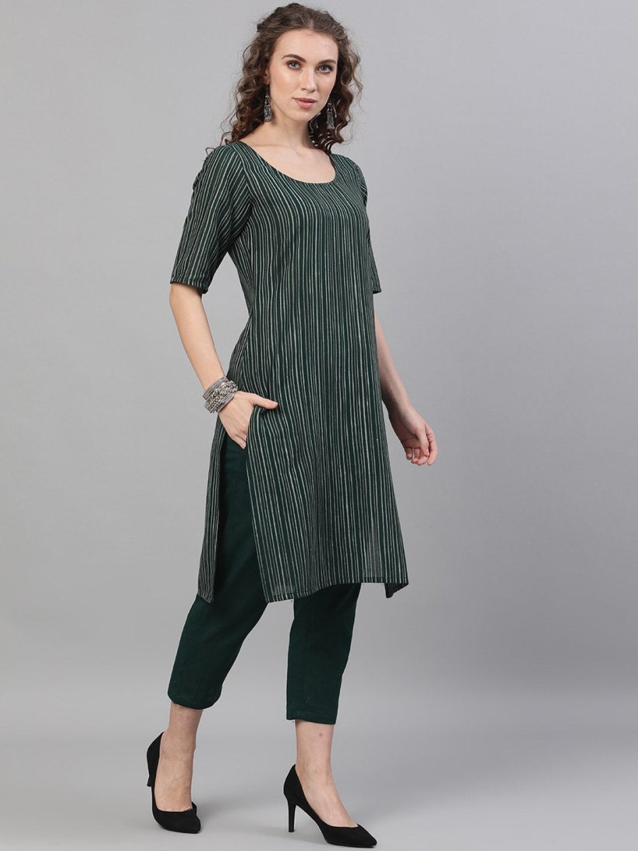 Aks Striped Round Neck Pure Cotton Straight Kurta And Trousers