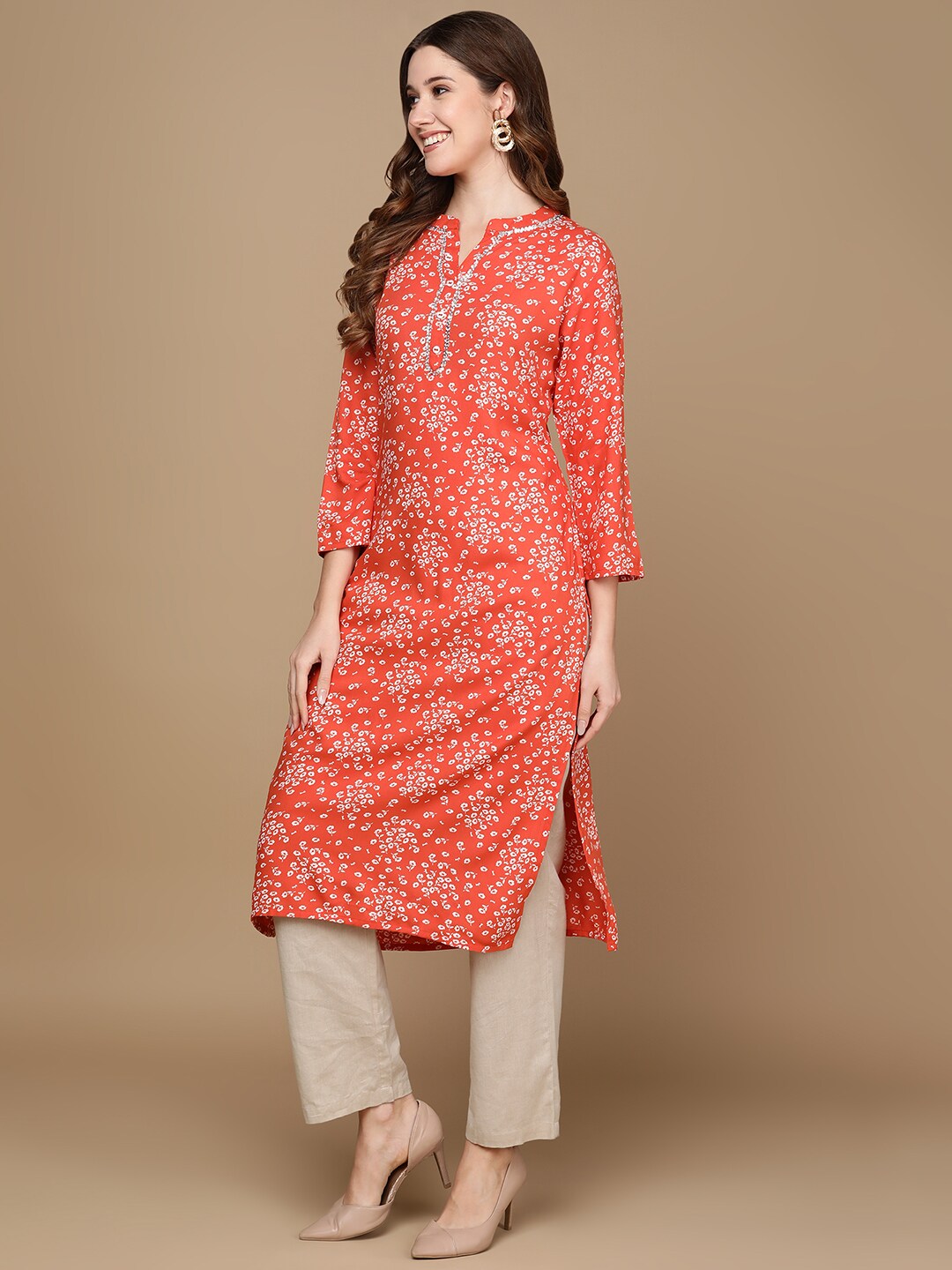HERE&NOW Rust Orange & White Floral Printed Straight Kurta