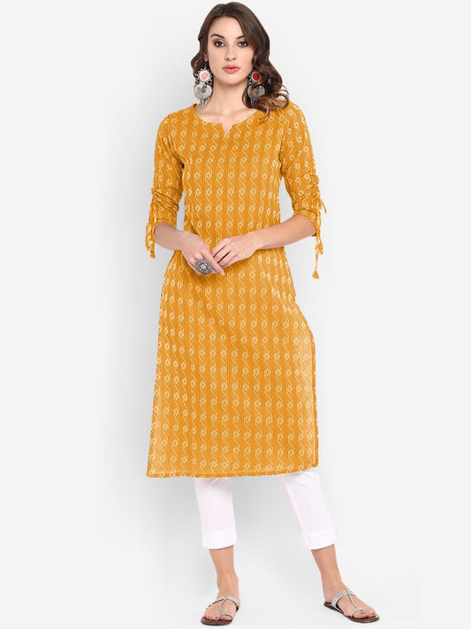 Janasya Women Yellow & Off-White Woven Design Straight Kurta