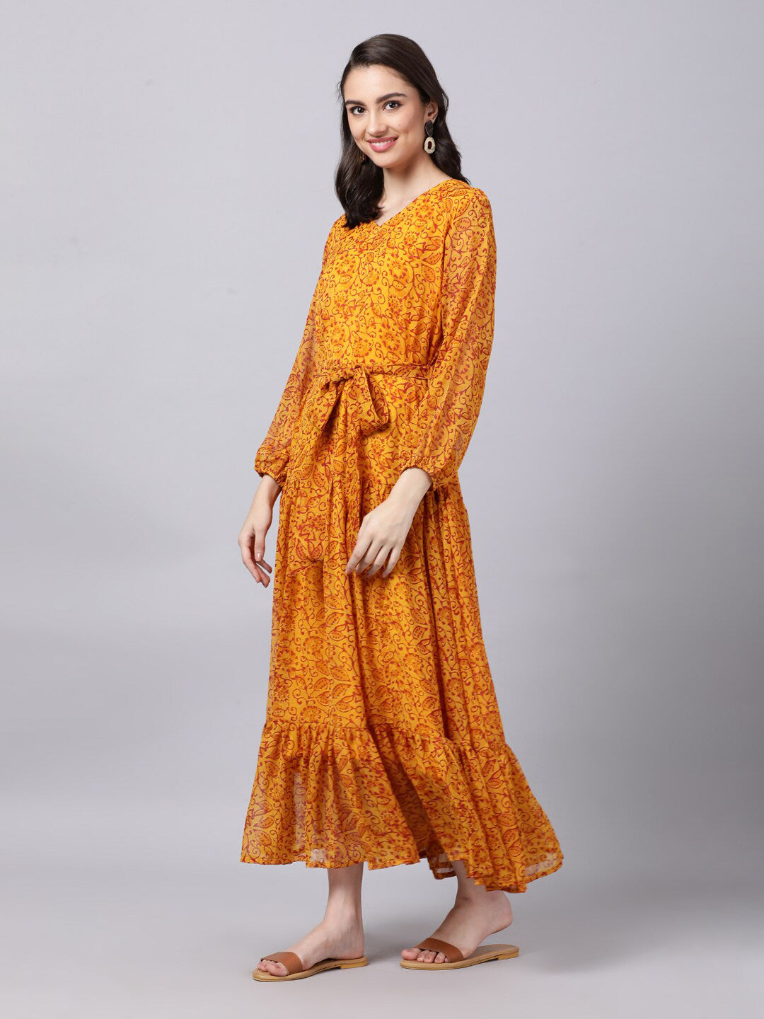 Souchii Yellow Floral Layered Chiffon Maxi Dress 