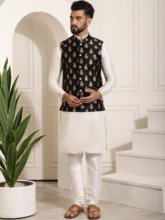 Sojanya Band Collar Straight Kurta & Churidar with Nehru jacket 