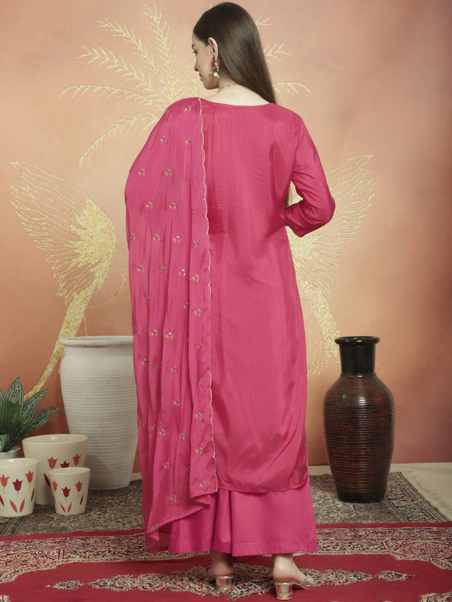 Aastha Fashion Women's Magenta Upada Silk Floral Resham Thread Kurta with Trouser & Dupatta - Grab2buy