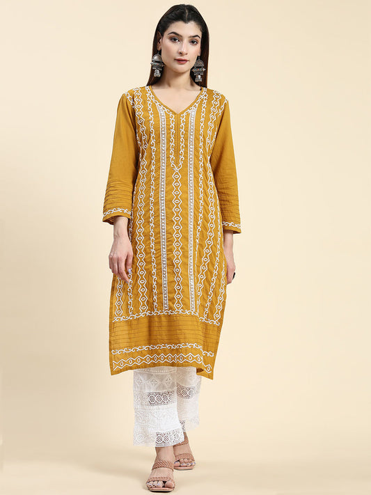 HOUSE OF KARI Ethnic Motifs Embroidered Chikankari Cotton Kurta 