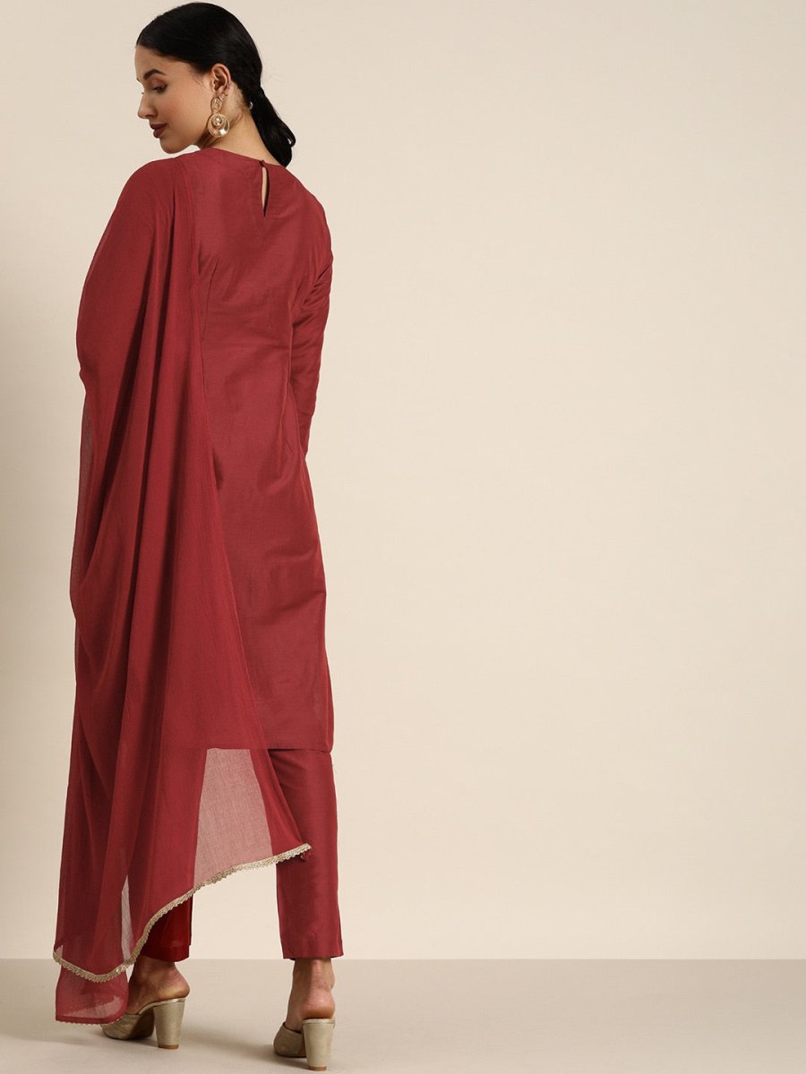 All About You Women Maroon & Golden Satin Finish Kurta with Trousers & With Dupatta