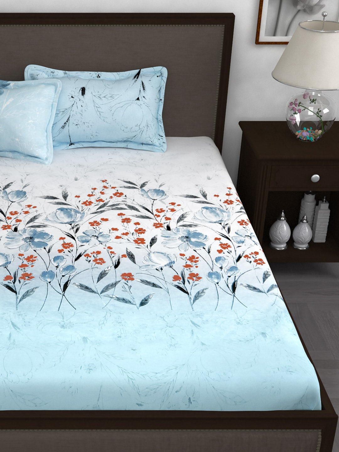 Story@home White & Blue Floral 210 TC Cotton 1 King Bedsheet with 2 Pillow Covers  Grab2Buy Story@home Grab2Buy