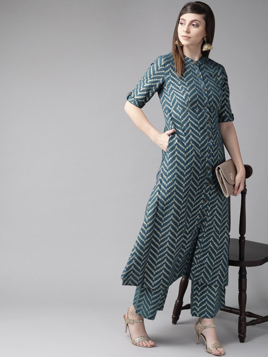 Aks Chevron Printed Band Collar A-Line Kurta