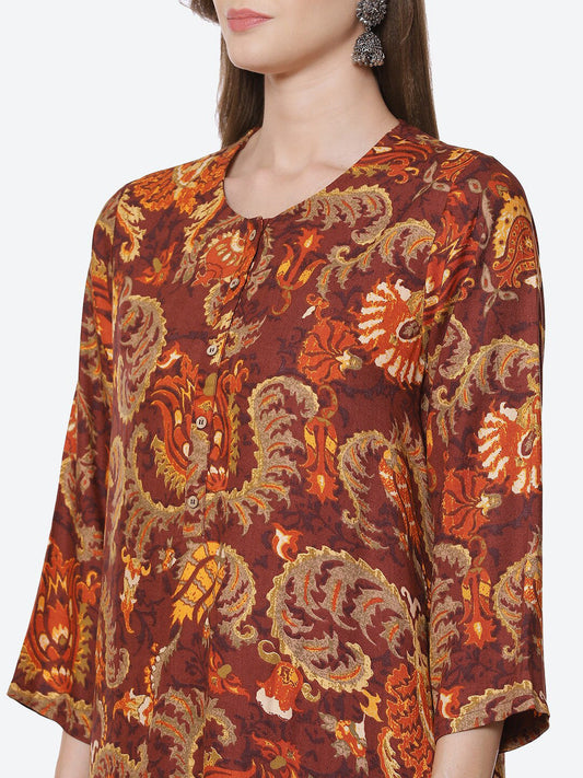 Biba Women Brown Ethnic Motifs Printed Kurta with Trousers - Grab2buy