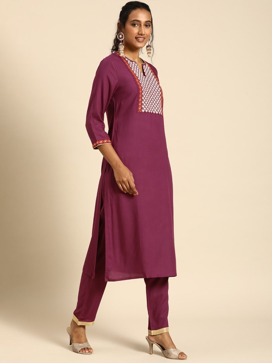 All About You Women Purple Ethnic Motifs Yoke Design Regular Thread Work Kurta with Trousers