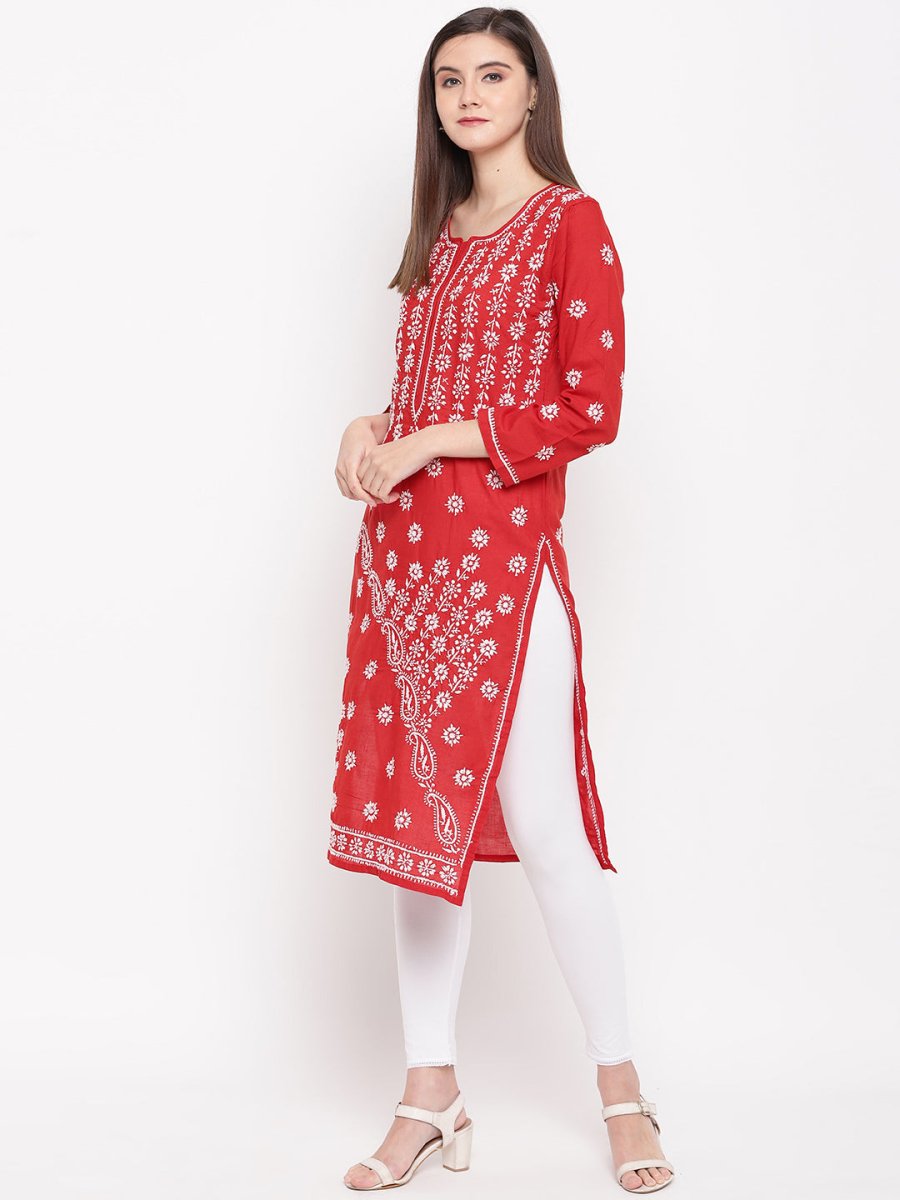 ADA Women Red & White Chikankari Hand Embroidered Straight Sustainable Kurta 