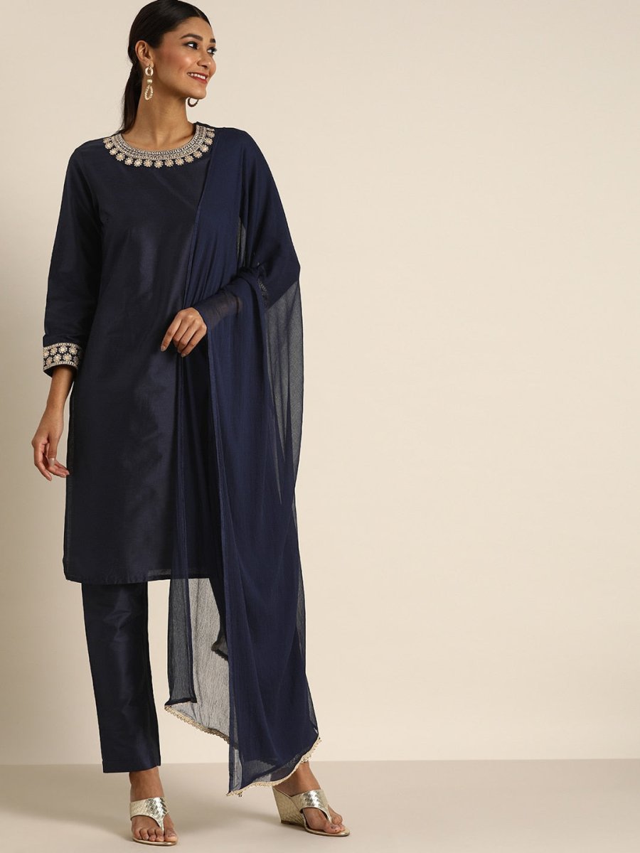 All About You Women Navy Blue & Golden Satin Finish Kurta with Trousers & With Dupatta