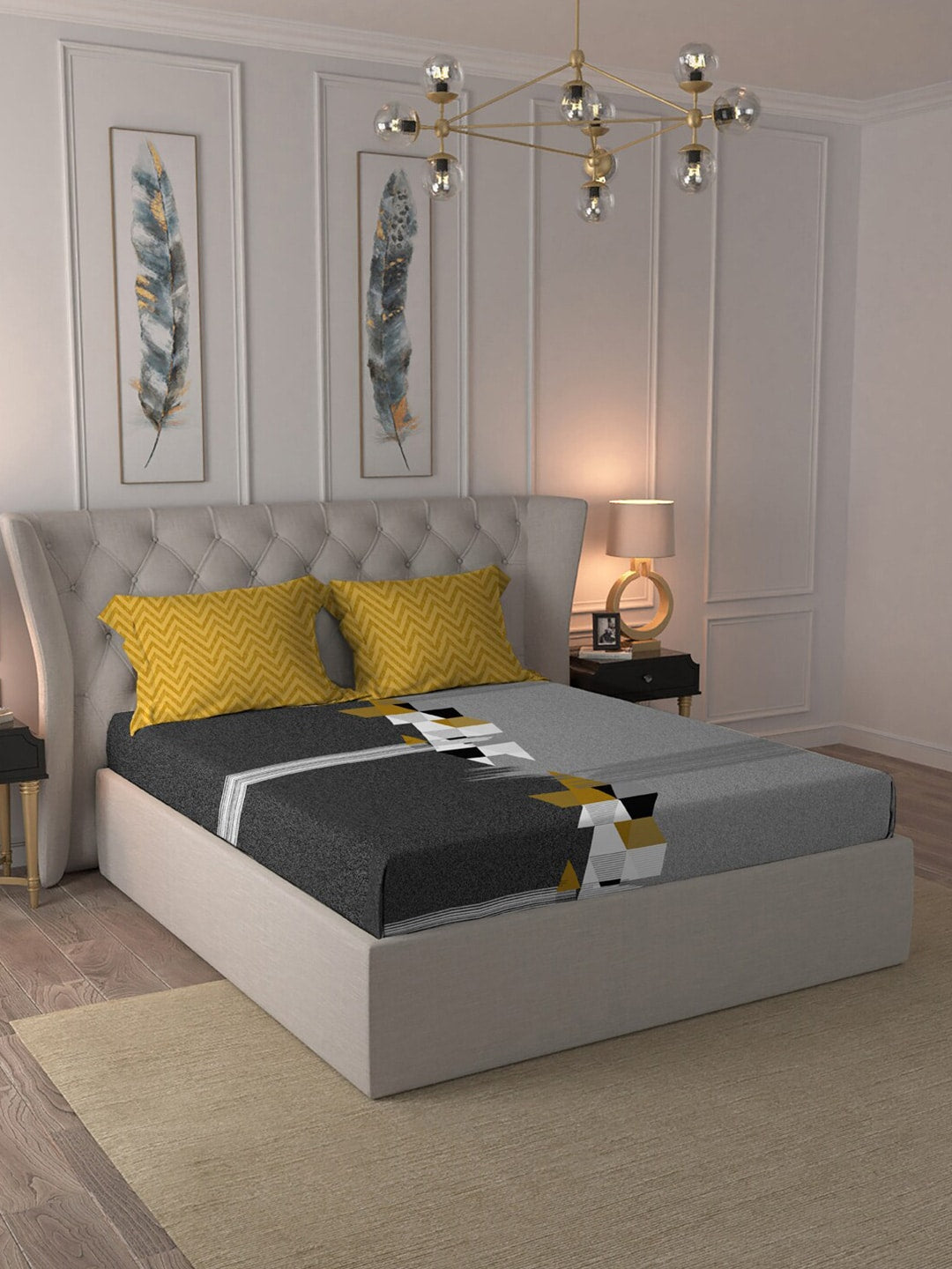 MYTRIDENT Grey Melange White Geometric Cotton 144 TC Queen Bedsheet With 2 Pillow Covers 
