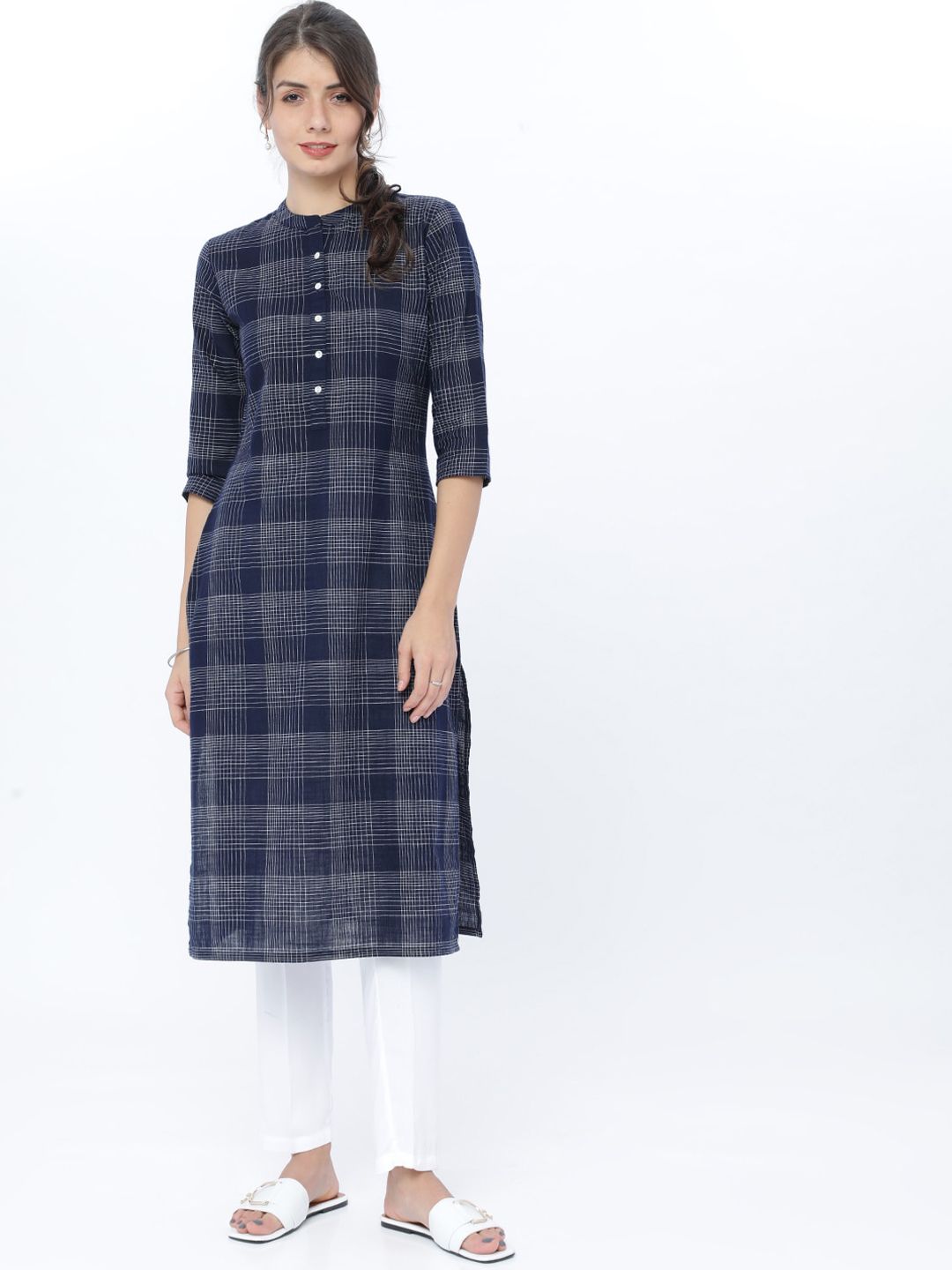 Vishudh Women Navy Blue Checked Kurta | Grab2Buy