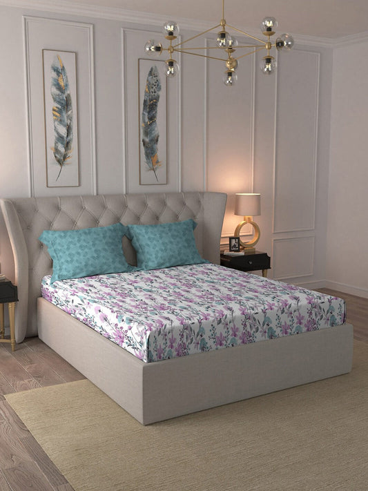 MYTRIDENT Violet White Floral Cotton 144 TC Queen Bedsheet With 2 Pillow Covers 