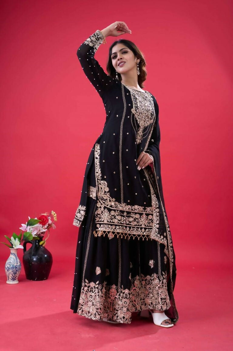 Teeya Creation Black Color Faux georgette Embroidery Work Sharara Set