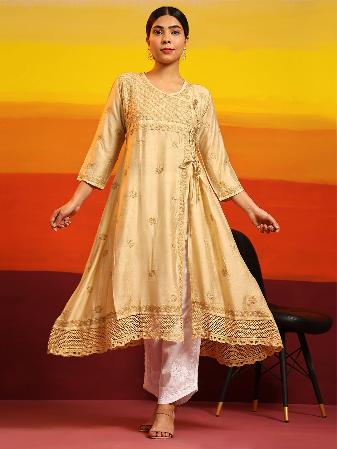 HOUSE OF KARI Embroidered Chikankari Chanderi Silk Anarkali Kurta 