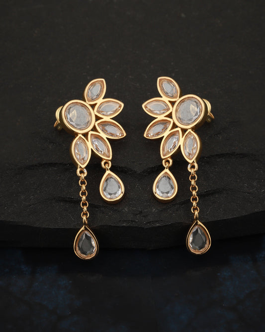 Gold-Polished Drop Earring With Dangling Square Cz Stone For Women - Wahe Jewels