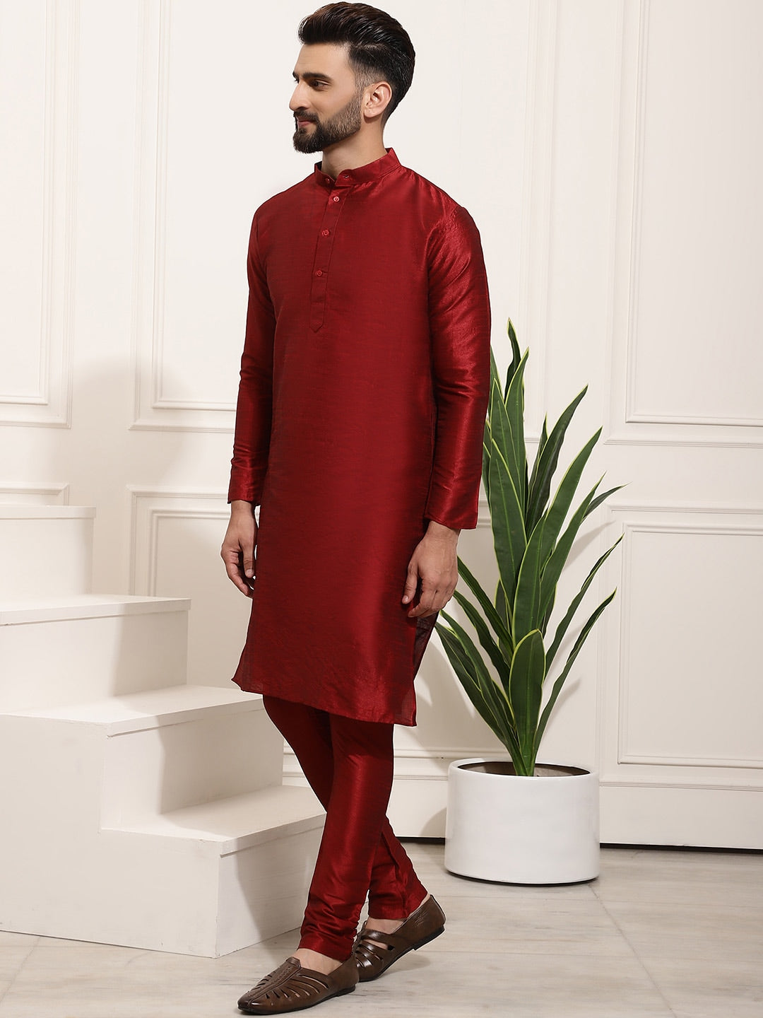 Sojanya Men Maroon Solid Kurta Set & Nehru Jacket 