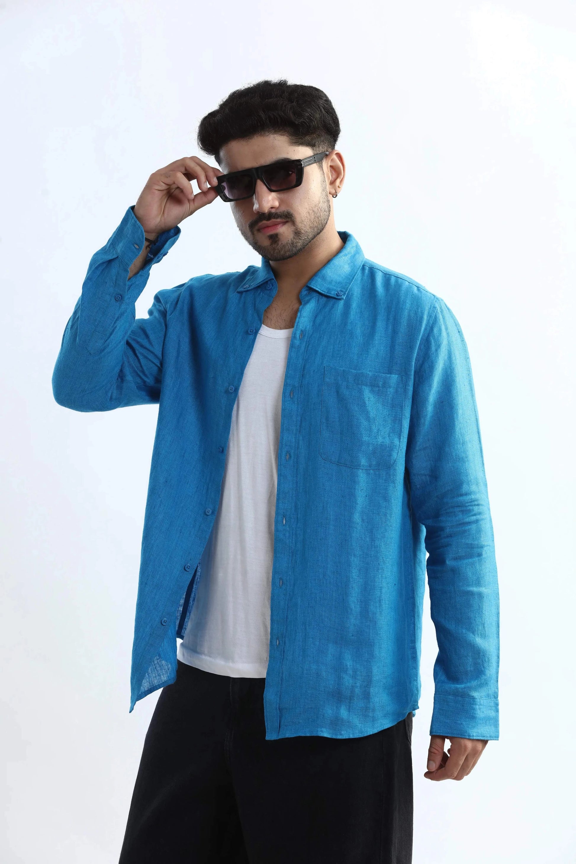 Xkind Blue 100% Pure Linen Button Down Casual Shirt  Grab2Buy Xkind Grab2Buy