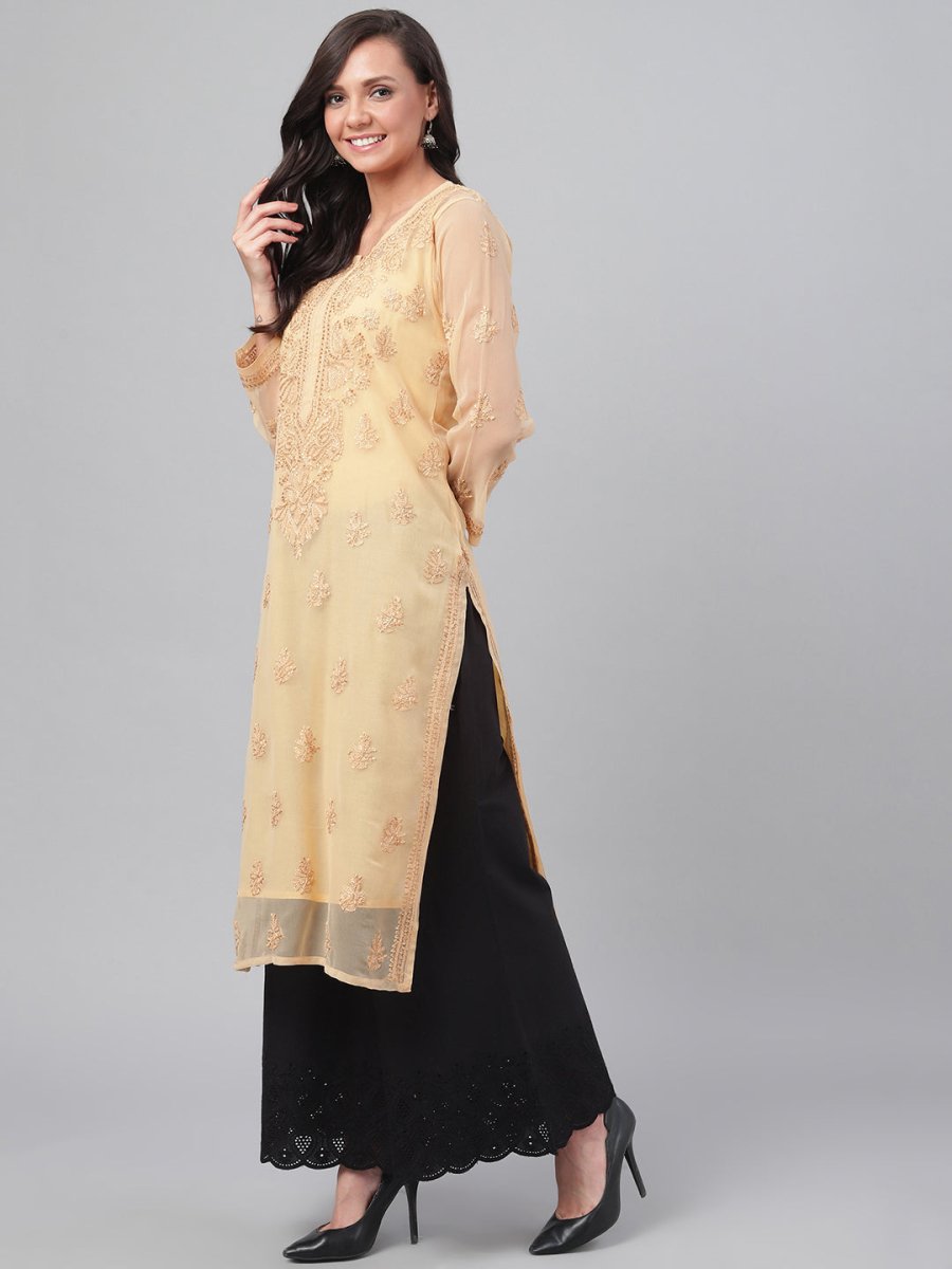 ADA Women Beige Chikankari Hand Embroidered Straight Sustainable Handloom Kurta With Slip 