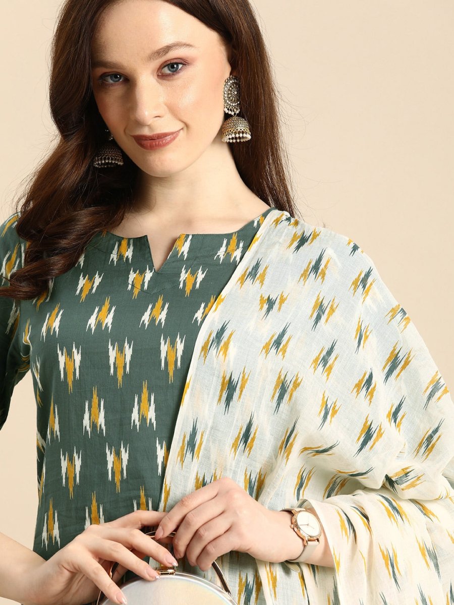 All About You Women Grey Ikat Printed Pure Cotton Kurta with Trousers & Dupatta