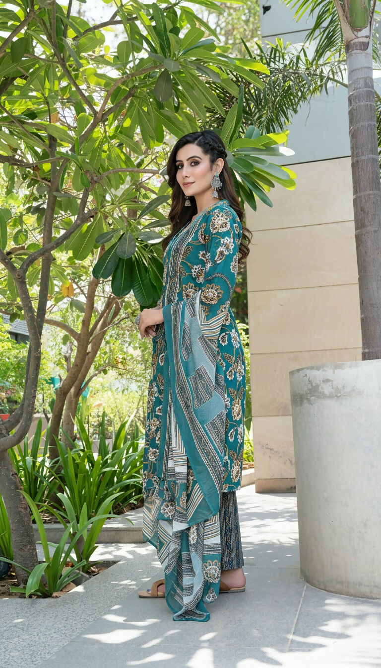 BulBul Fashionista Green Cotton Kurta Set with Dupatta 