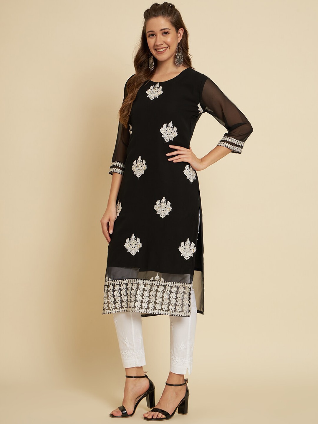 HERE&NOW Black & White Ethnic Motifs Chikankari Embroidered Georgette Kurta 