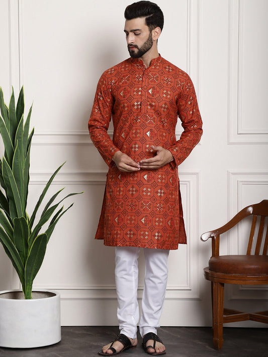 Sojanya Men Orange Printed Cotton Linen Kurta with Churidar 