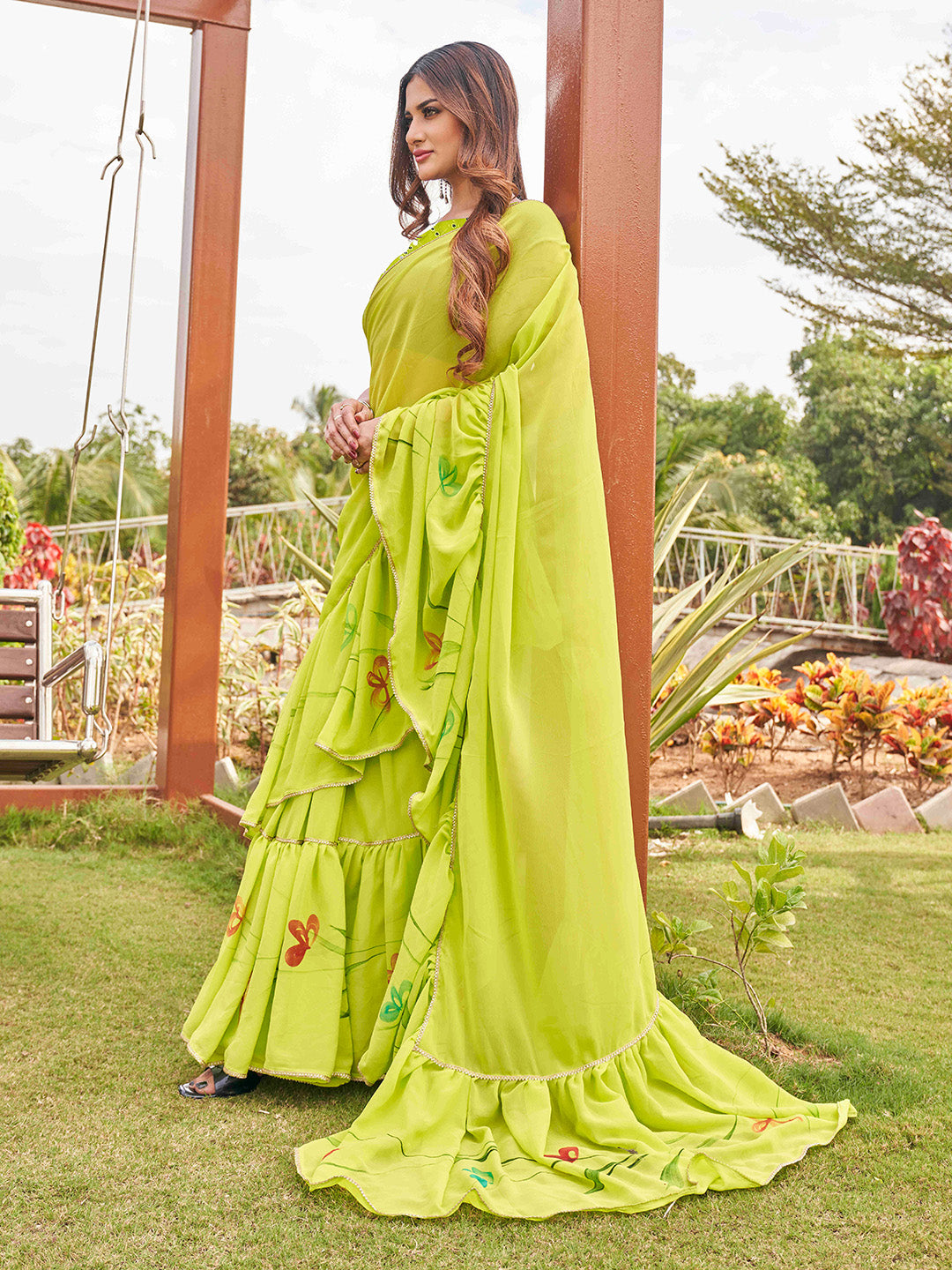 Tikhi Imli Printed Ruffle Grab2Buy With Mirror Embroidered Work Blouse 