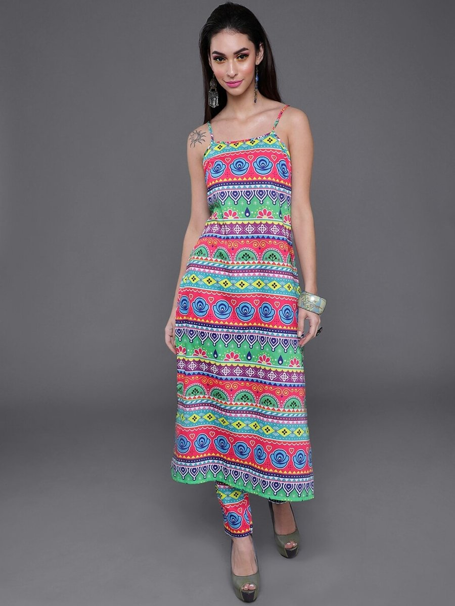Aks Tribal Printed Shoulder Straps Kurta with Trousers