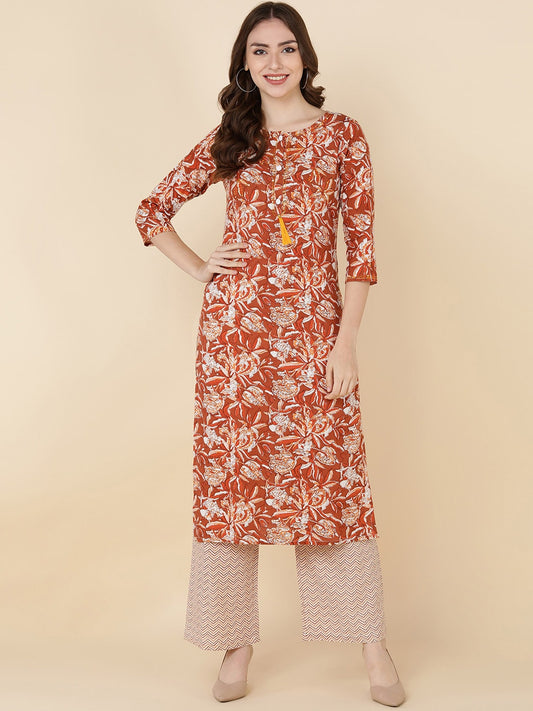 HERE&NOW Women Brown Floral Printed Sequinned Kurta with Trousers