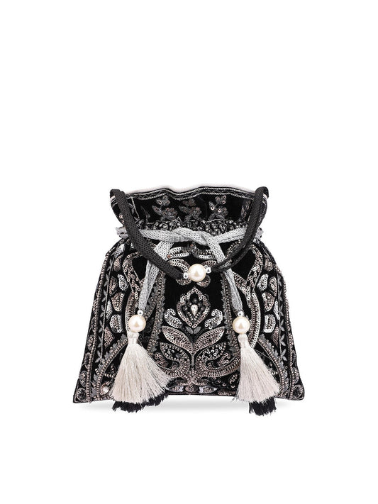 Masq Black & Silver-Toned Embellished Potli Clutch - Grab2buy