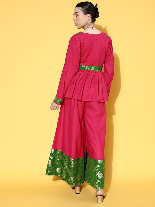 InWeave Women's Fuchsia Green Brocade Mughal Shaan Kurta Palazzo Set 