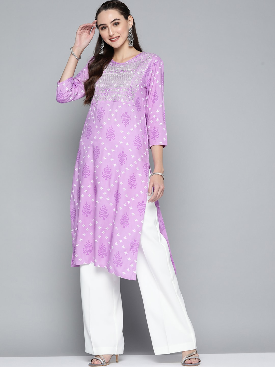 HERE&NOW Women Purple & White Ethnic Motifs Printed Embroidered Work Kurta