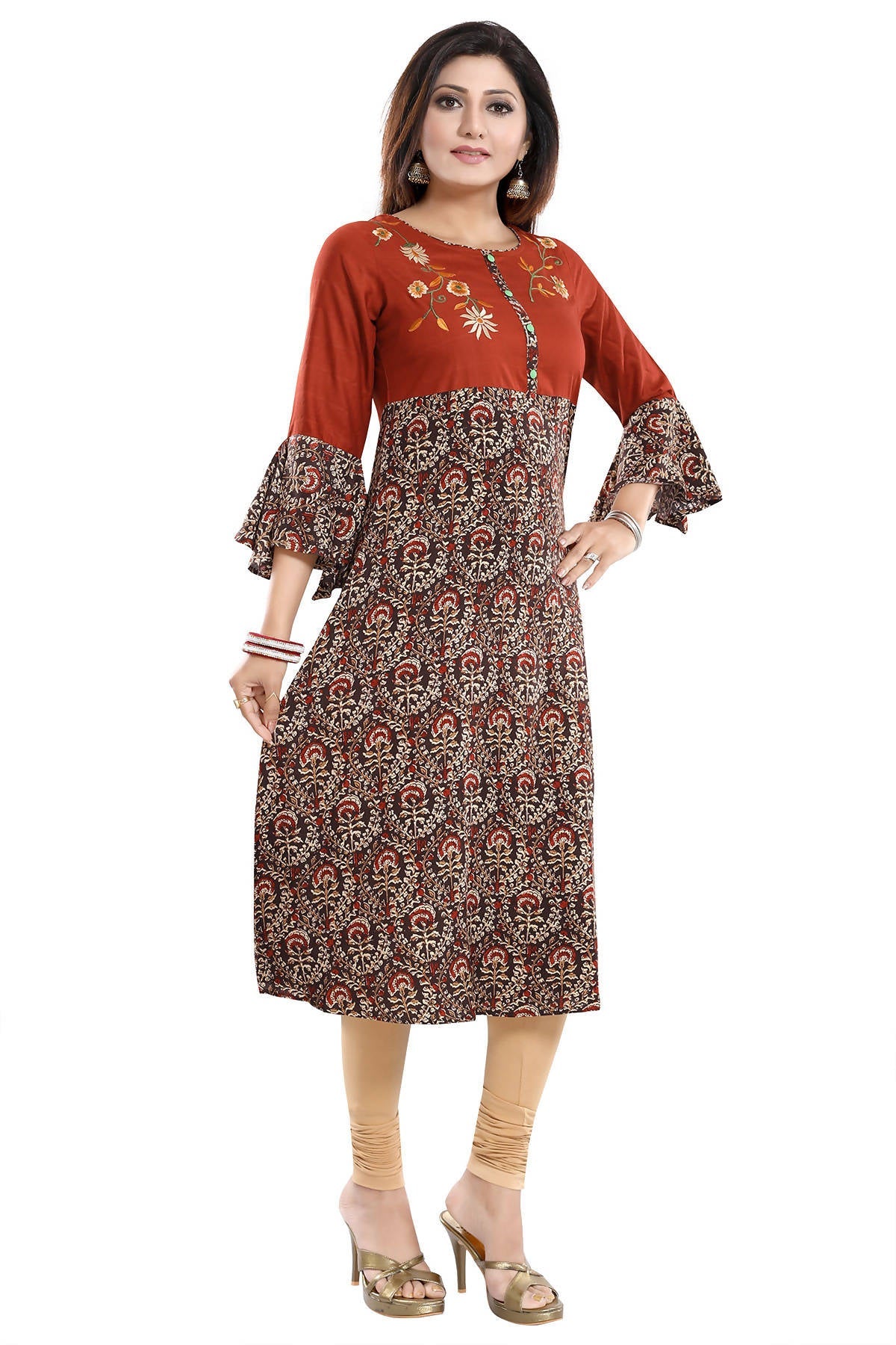 Snehal Creations Rust Rayon Printed Flared Long Tunic