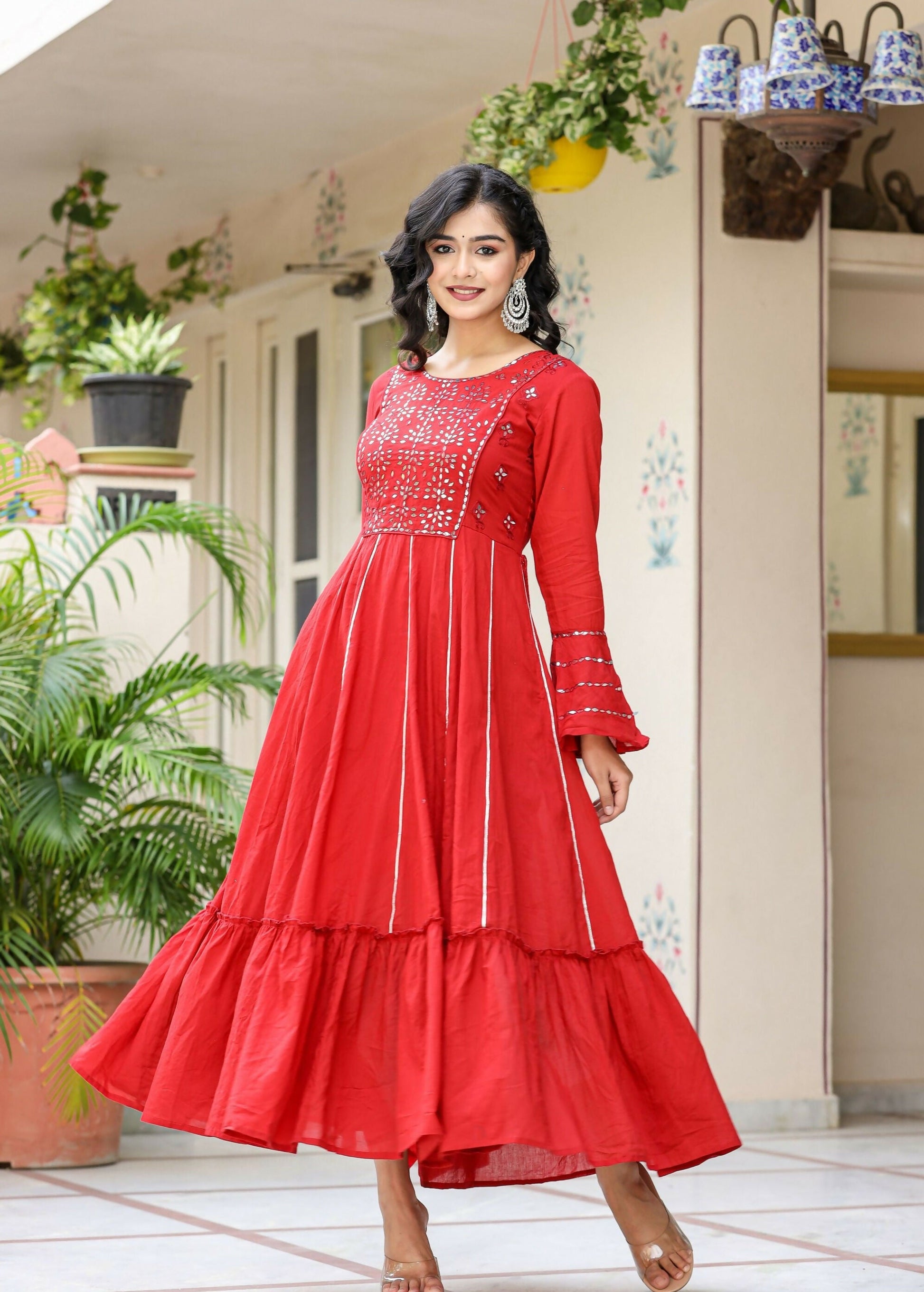 Kaajh Women's Red Mirror Embroidered Cotton Ethnic Dress