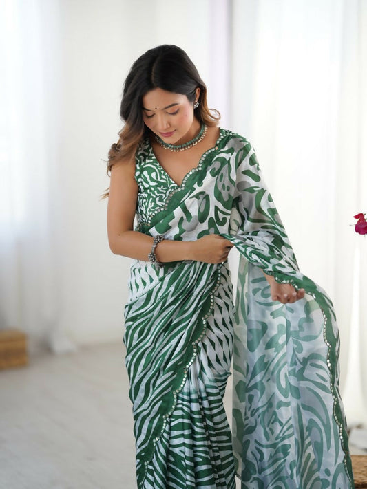Green Chinon Designer Digital Printed,Mirror Cut Work Saree - Sohni