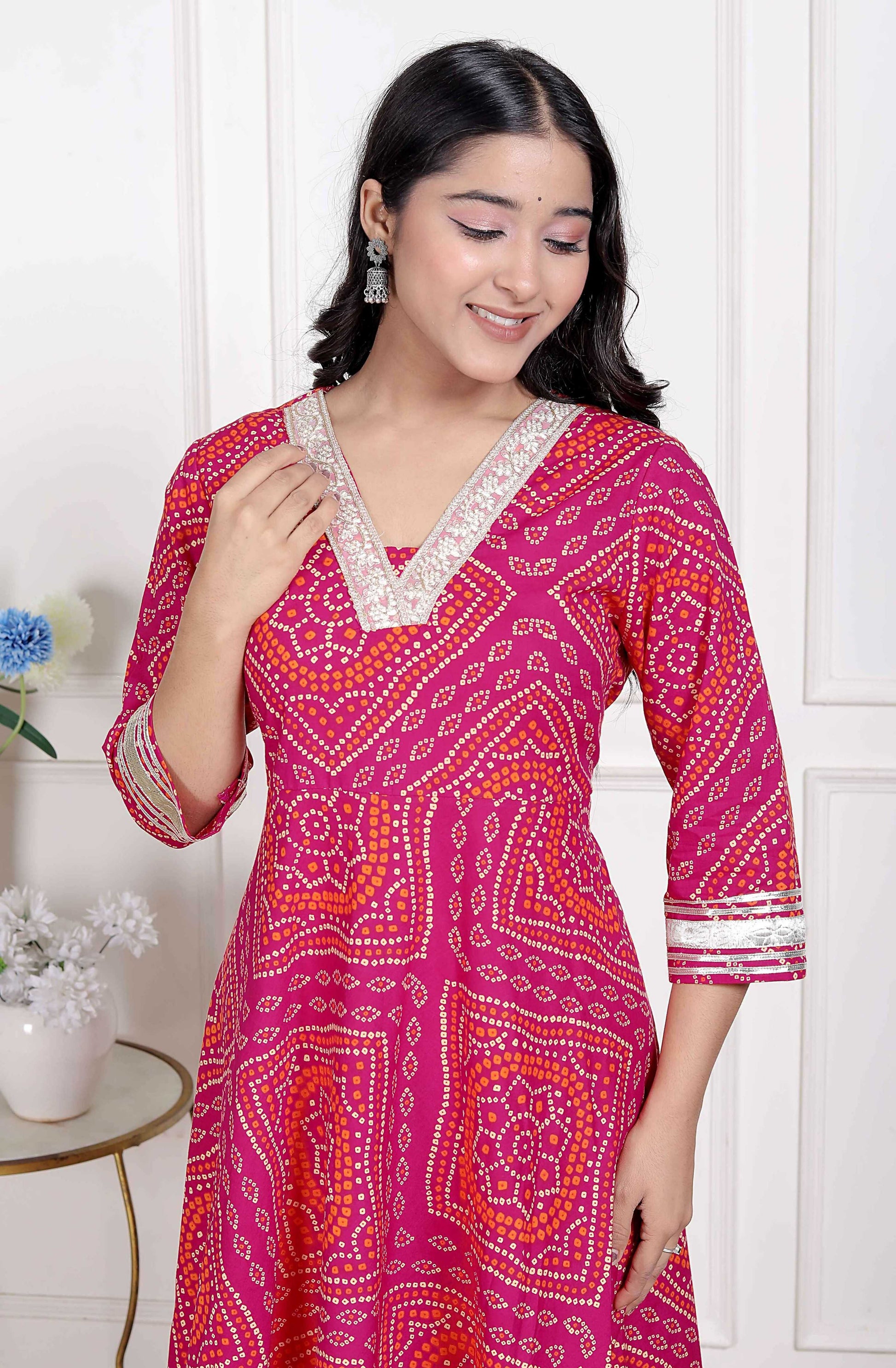 Miravan Women's Pink Cotton Bandhani Ethnic Anarkali Kurta