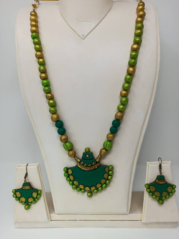 Terracotta Green Long Necklace Set with Matching Earrings