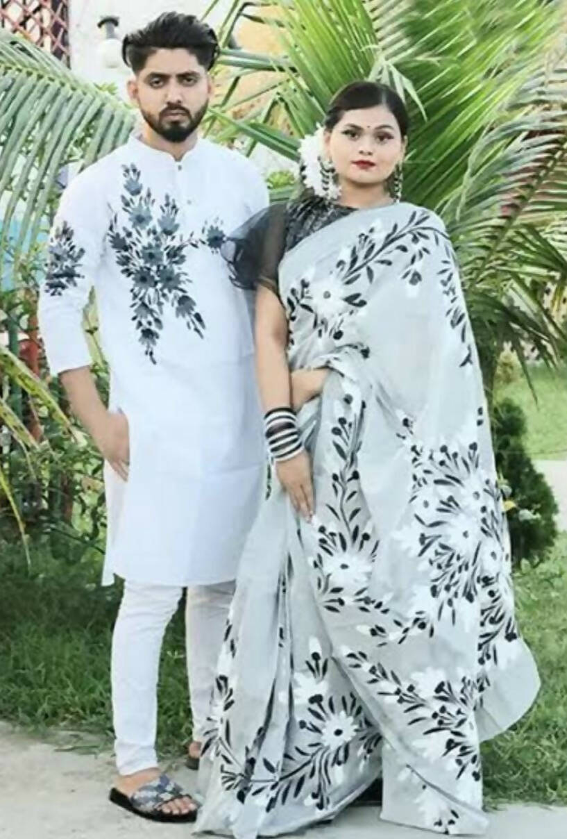 Exclusive Collection Elegant Hand Printing Designe On Pure Cotton Grab2Buy And Men's Kurta - White 