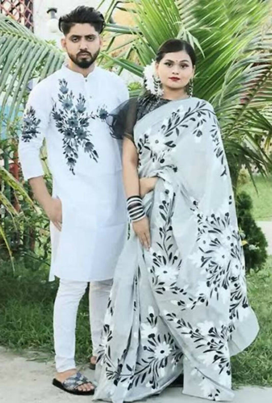 Exclusive Collection Elegant Hand Printing Designe On Pure Cotton Grab2Buy And Men's Kurta - White 